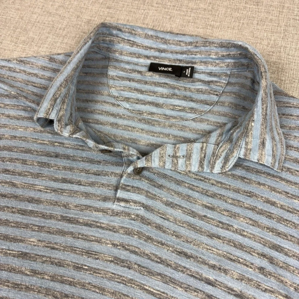Vince Polo Shirt Mens Large Blue Grey Striped Lightweight Short Sleeve
